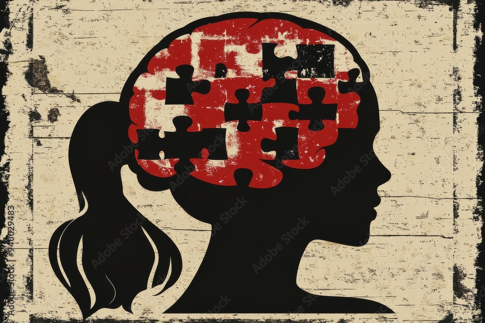 Poster silhouette of a woman with a puzzle brain on a textured background representing the intricate connec