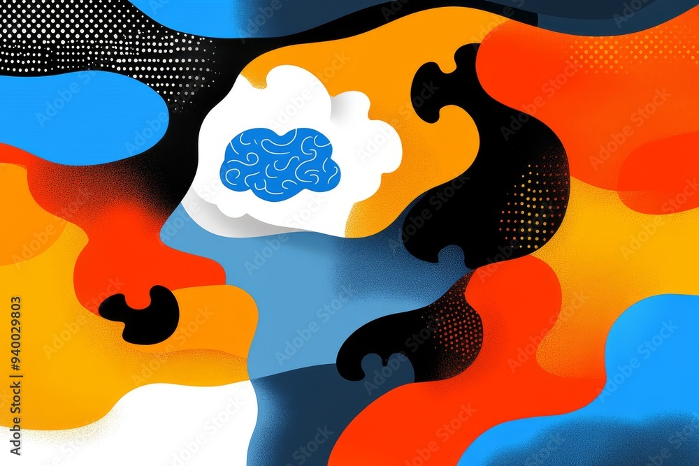 Poster abstract illustration with vibrant colors and a brain cloud representing the creative thinking and i