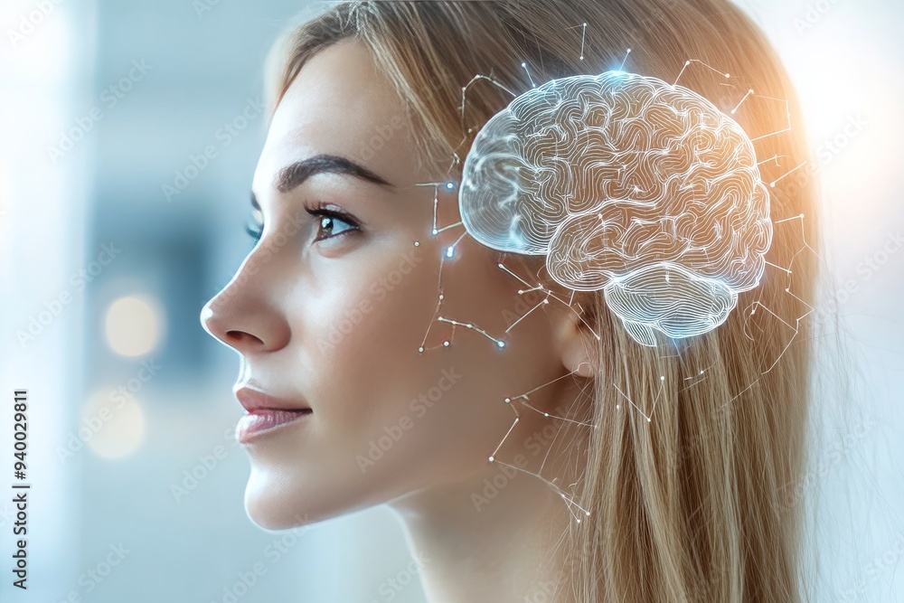 Poster side profile of a woman with a glowing digital brain representing the intersection of human thought 