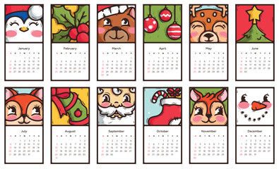 Cartoon vector illustration set with cute doodle Christmas gift, domestic and forest animals. Classic monthly calendar page. Happy New Year 2025. Penguin, Holly plant, berry, leaf, bear, ball, deer
