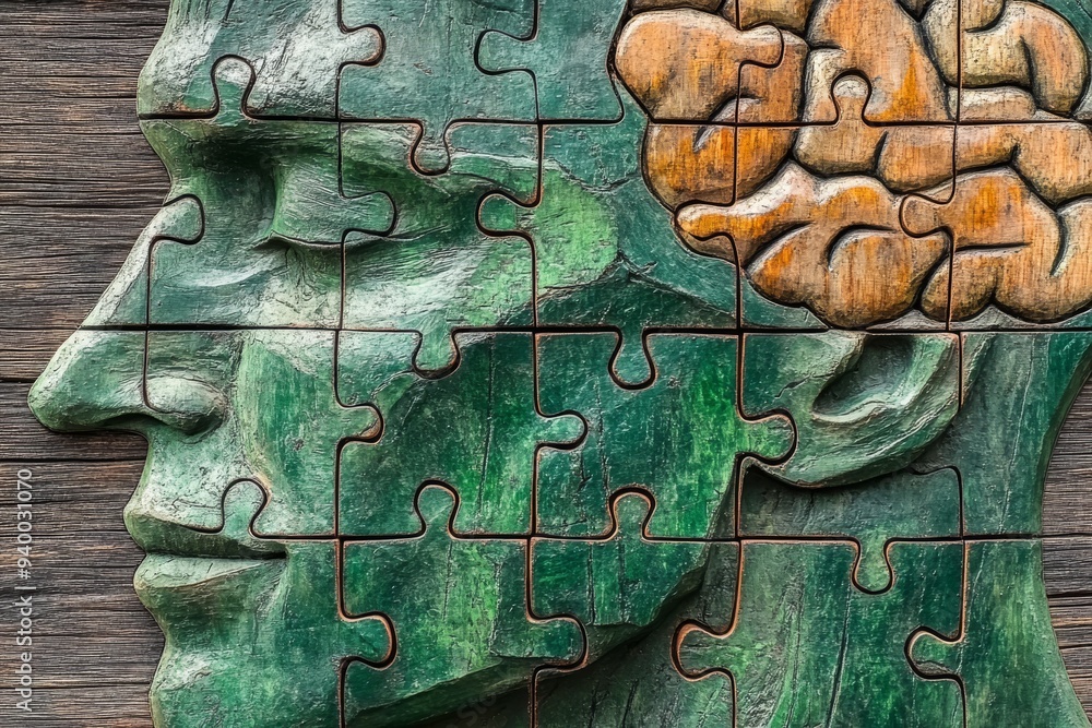 Poster close up of a human face with a puzzle brain symbolizing the search for identity and the intricate p