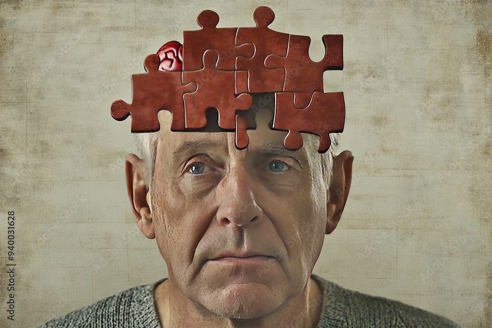 Poster portrait of an elderly man with puzzle pieces on his head symbolizing the struggle of memory loss ag