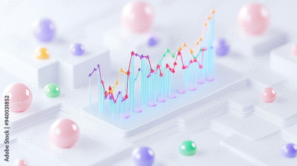 Poster abstract d line graph with spheres on white background