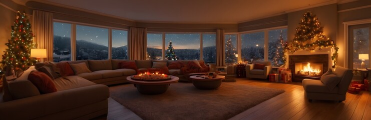 360 degree cozy living room set up for a Christmas movie night and twinkling lights casting a warm glow in the dim room. HDRI spherical panorama.