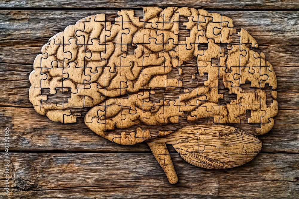 Poster a detailed puzzle of a wooden brain lying on a rustic surface symbolizing the complexity of human th