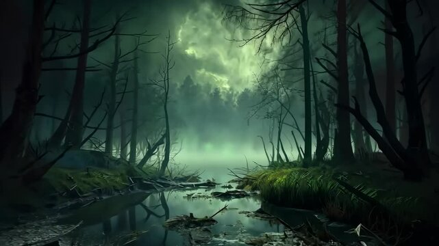 Calm swampy river among old creepy trees in dark forest at night with full moon. Scary Halloween concept. Dark and mysterious background