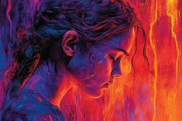 Fototapeta premium A vibrant and fiery depiction of a woman with a burning brain symbolizing intense creativity passion and the mental challenges of managing powerful ideas in a dynamic and energetic style