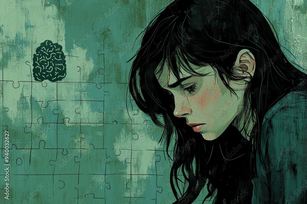 Poster a melancholic girl with a green puzzle brain in the background representing introspection mental hea