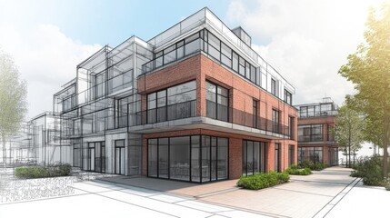 Obraz premium 3D illustration of a townhouse architectural sketch