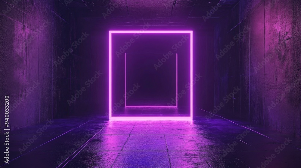 Poster 3d render of an abstract geometric background featuring a glowing ultraviolet square frame suspended