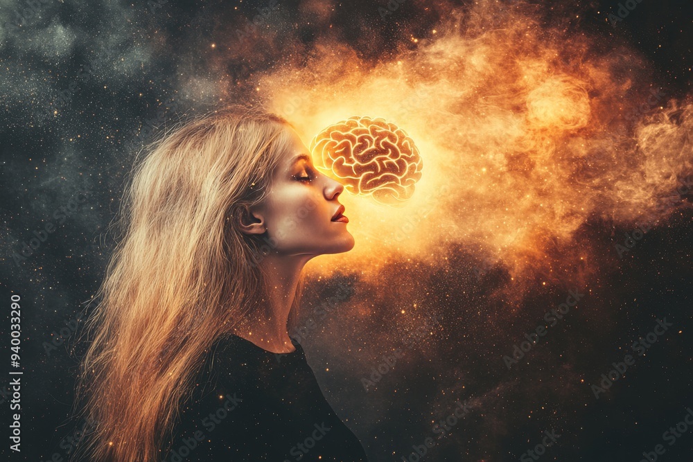 Aufkleber a woman engulfed in fiery thoughts with a glowing brain symbolizing intense passion creative drive a