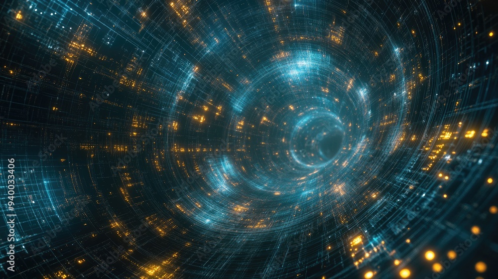 Poster 3d rendering of abstract space grids elements and lights related to educational science and contempo