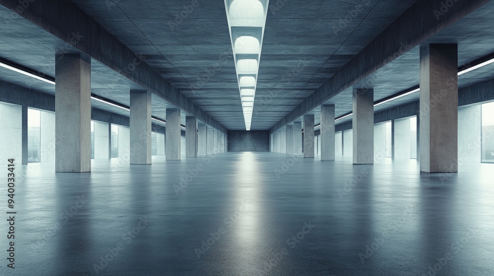 Poster 3d rendering of an abstract futuristic architectural design featuring a vast empty concrete floor su