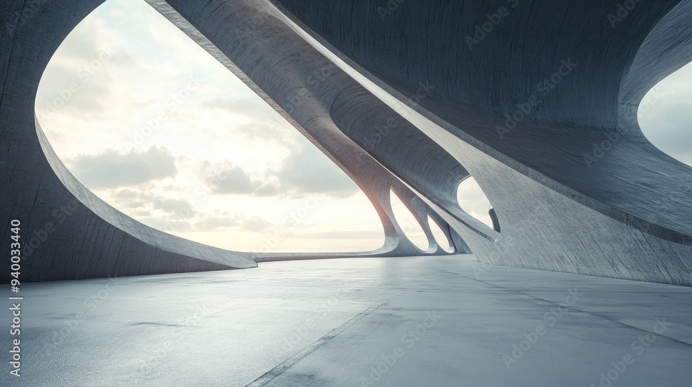 Poster 3d rendering of abstract futuristic architecture featuring an empty concrete floor designed for show