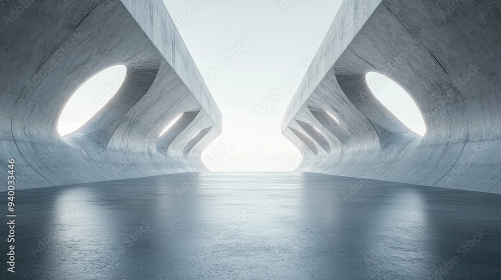 Poster 3d rendering of an abstract futuristic architectural space featuring a vacant concrete floor designe