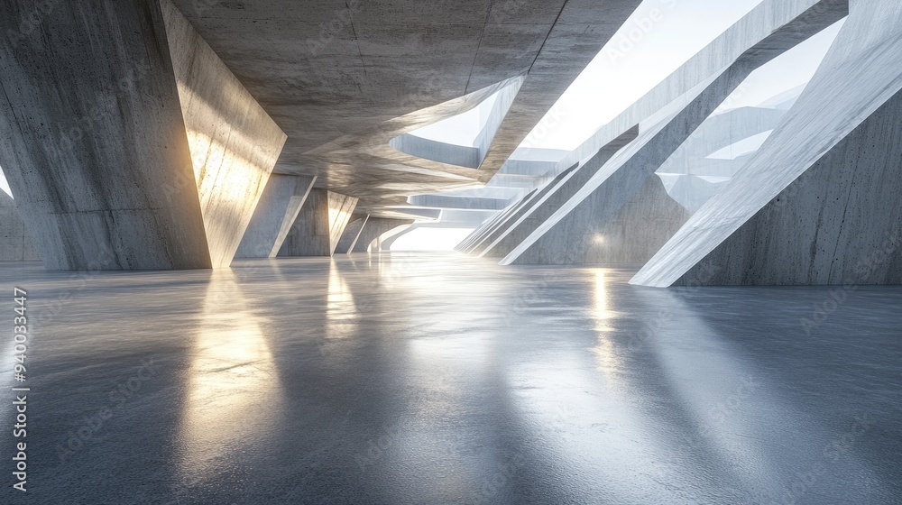 Poster 3d rendering of an abstract futuristic architectural design featuring a concrete floor