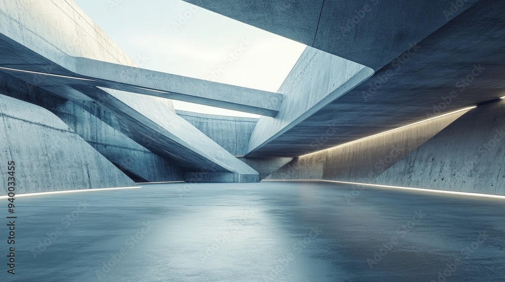 Poster 3d rendering of an abstract futuristic architectural space featuring a vacant concrete floor designe