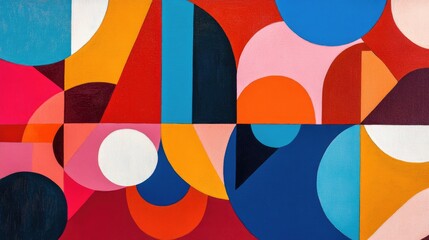 A lively abstract composition showcasing colorful geometric forms in a blend of red orange and blue tones