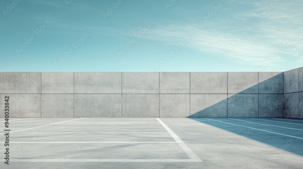 Poster abstract architectural design of a contemporary structure featuring an empty parking space and concr