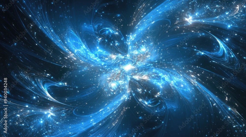 Poster abstract blue background featuring a fractal star explosion with glossy accents and intricate lines 