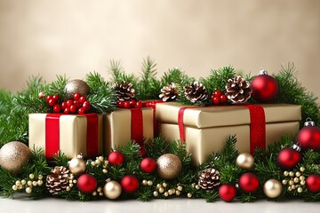 Golden gift boxes wrapped in red ribbons placed among lush greenery and festive ornaments celebrating the holiday season. Generative AI
