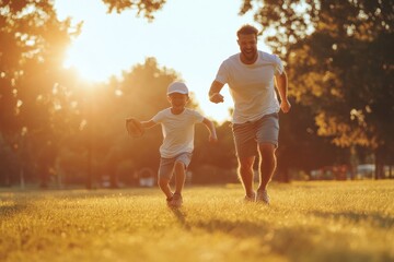 Fototapeta premium A man and a child are running in a park