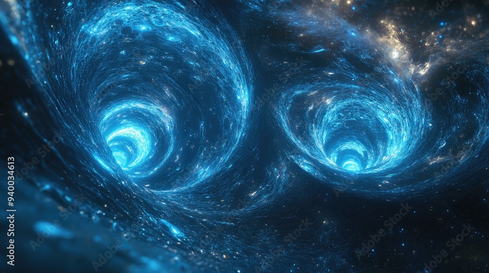Poster abstract depiction of wormholes in space featuring luminous blue elements created through computer g