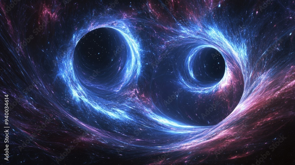 Poster abstract depiction of wormholes in space featuring luminous blue elements created through computer g