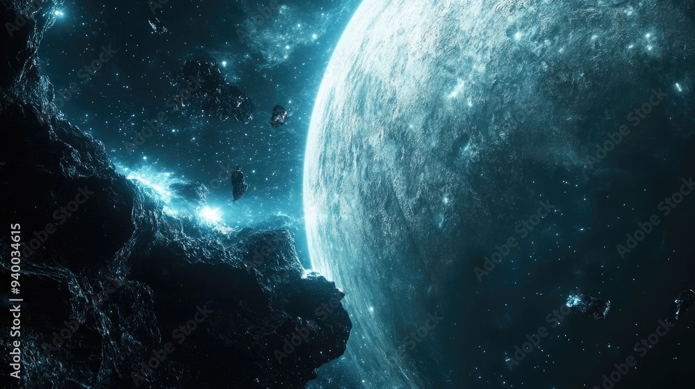 Poster abstract depiction of deep space futuristic travel concepts advanced technologies and resource explo