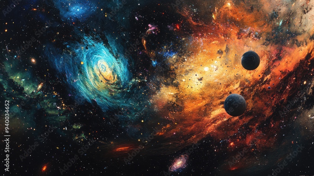 Poster abstract design featuring forms and planets related to science depicting an explosion of stars in sp