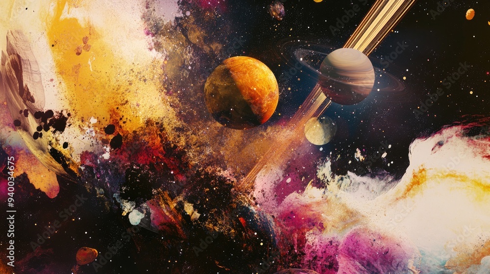 Poster abstract design featuring forms and planets related to science depicting an explosion of stars in sp