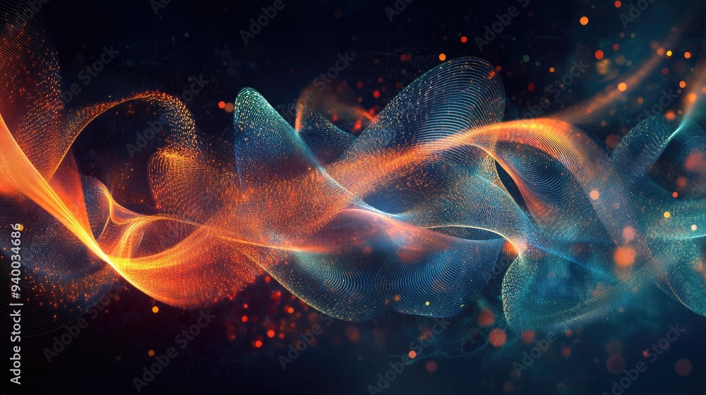 Poster abstract design featuring sine waves and luminous elements exploring themes of science technology an