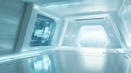 Futuristic Sci Fi Spaceship Interior Corridor with City View