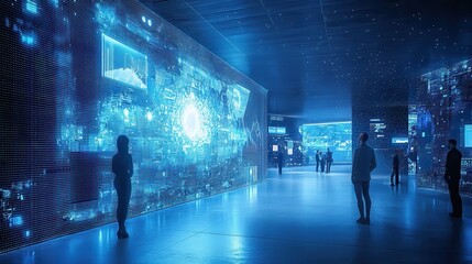 Futuristic Digital World Map Display with Silhouettes of People