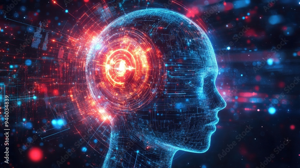 Poster abstract digital technology backdrop featuring a dynamic artificial intelligence robot capable of tr