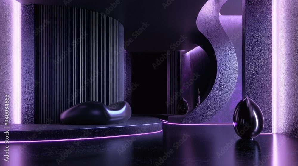 Poster abstract dynamic interior featuring sleek black and violet objects 3d illustration and rendering
