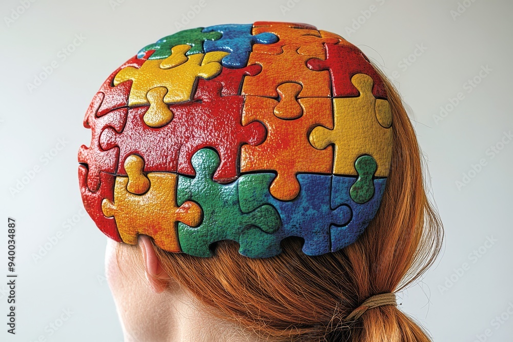 Poster conceptual image of a womans head with colorful puzzle pieces forming a brain representing mental he