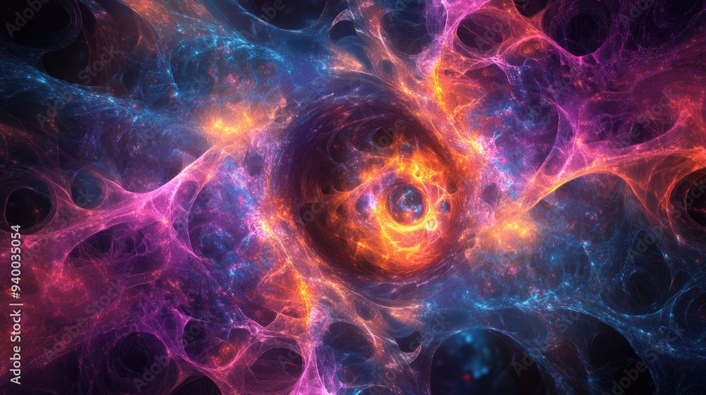 Poster abstract fractal forms exploring the relationship between nuclear physics and graphic design within 