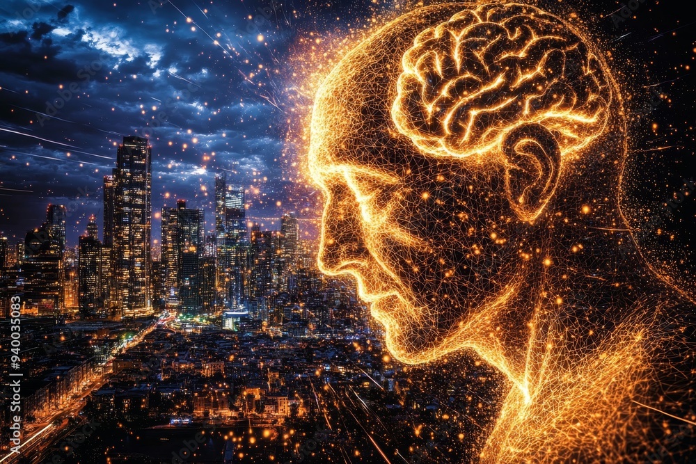 Poster futuristic digital rendering of mans profile with glowing brain and neural connections overlaying ci