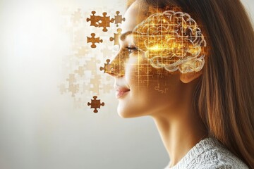 Obraz premium Side profile of a woman with glowing neural connections and digital data overlay symbolizing advanced mental processing artificial intelligence and the integration of technology with human cognition