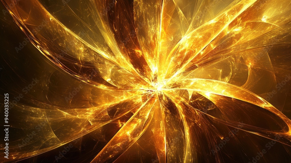 Poster abstract golden background featuring a fractal explosion star enhanced with glossy effects and intri