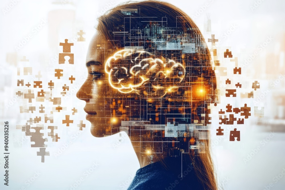 Poster businesswomans profile with an overlay of glowing brain and digital circuits representing fusion of 