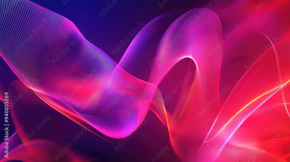 Poster abstract gradient background featuring red and purple hues enhanced by neon light curves and shapes 