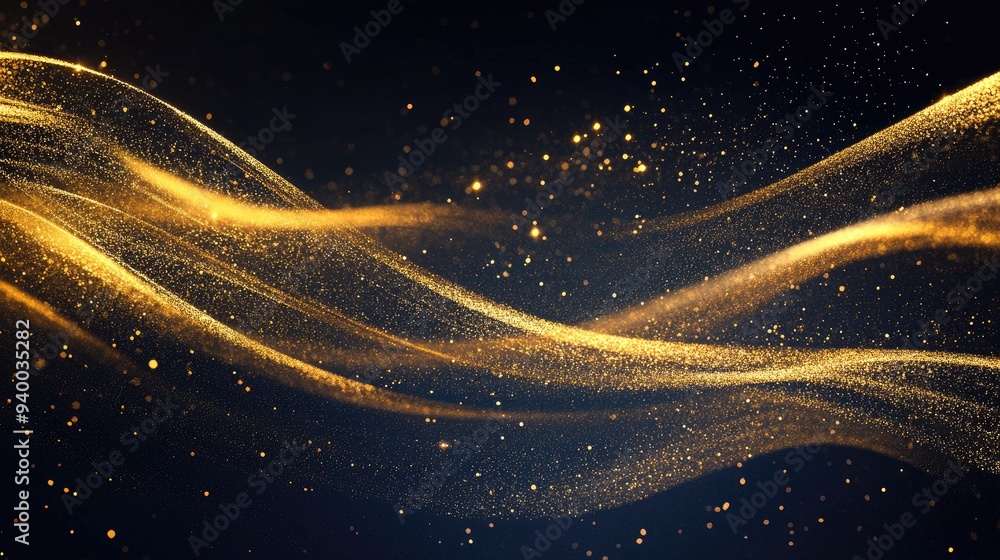 Poster abstract gold wave design element featuring a glitter effect on a dark background