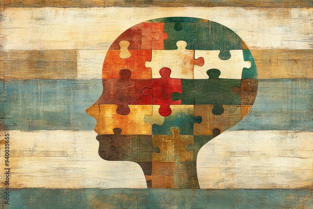 Poster rustic wooden illustration of a human head with puzzle pieces missing symbolizing memory loss cognit