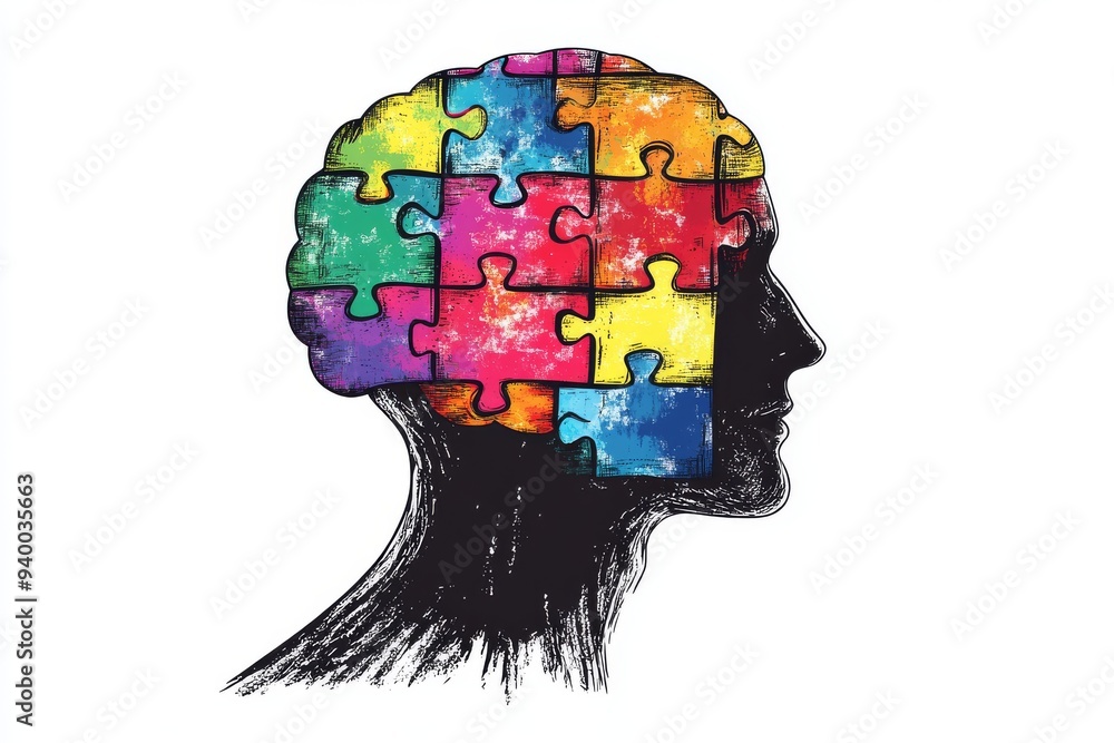 Poster minimalist illustration of a human head with colorful puzzle pieces forming a brain symbolizing dive