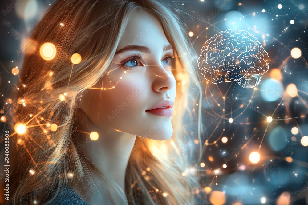 Poster futuristic depiction of a woman with glowing digital connections surrounding her head representing a
