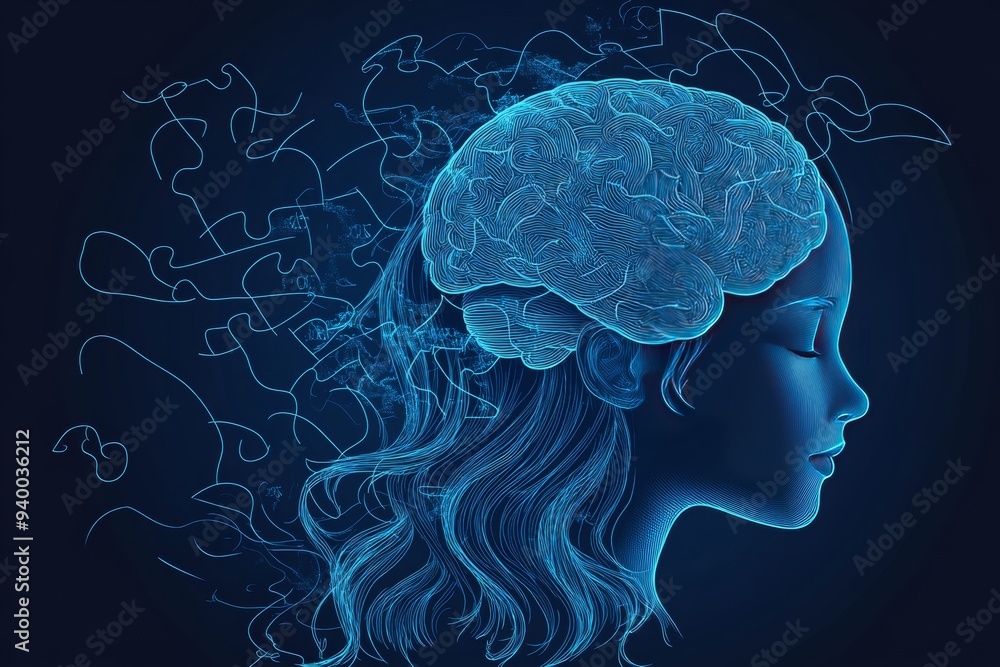 Aufkleber futuristic and serene depiction of a womans profile with neural connections in blue tones symbolizin
