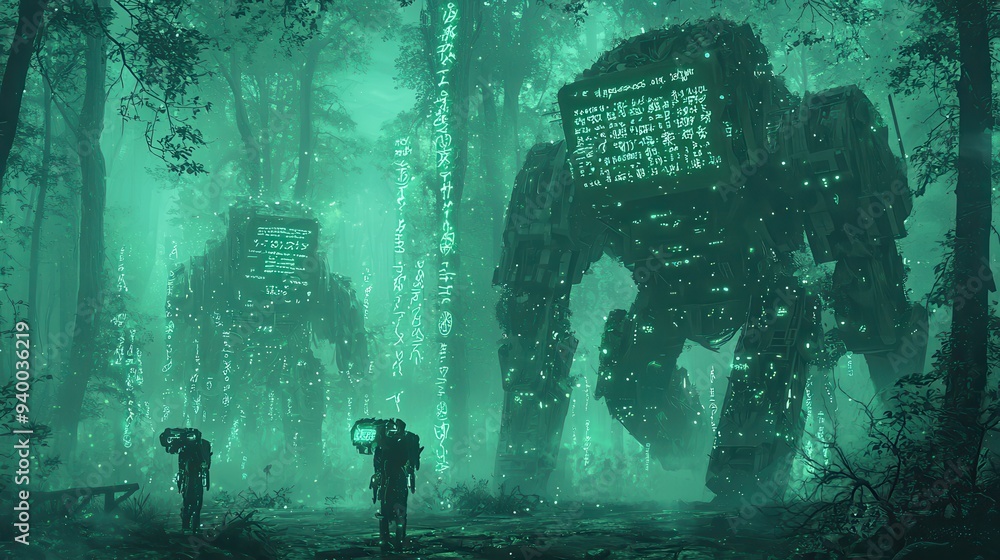Poster futuristic robots in glowing forest