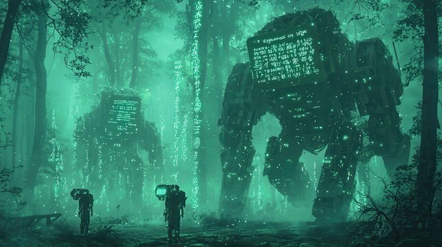 Futuristic Robots in Glowing Forest